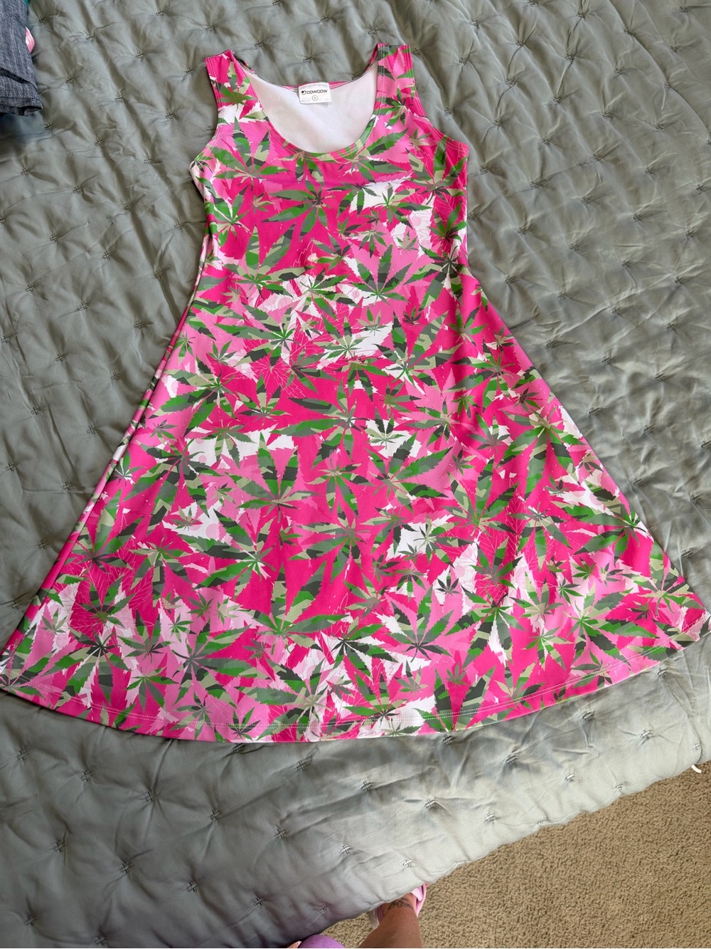 Pink Mary Jane leaf Print Sleeveless A-Line Casual Dress